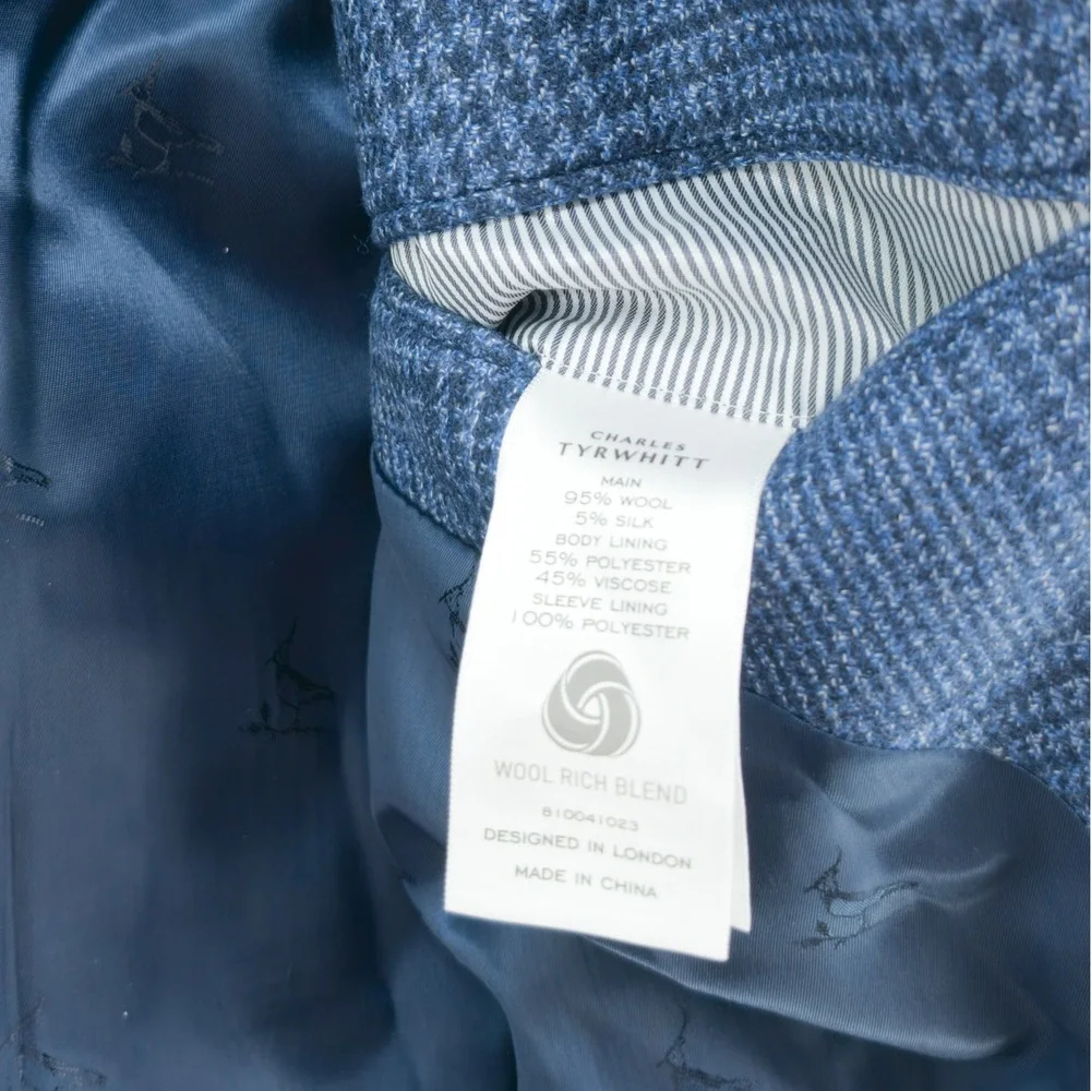 Charles Tyrwhitt Mens Sport Coat Wool Silk Glen Check Blue 44R Slim Fit Blazer
